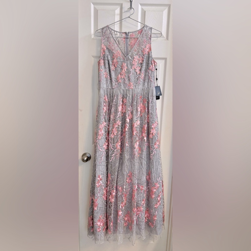 Adrianna Papell Gray Dress with Pink Floral Details